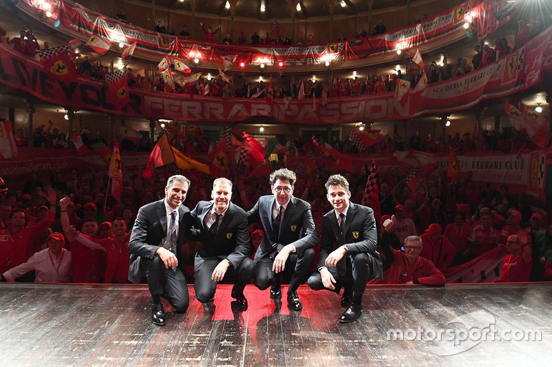Sebastian Vettel, Charles Leclerc, Marc Gene, Mattia Binotto, Team Principal Ferrari