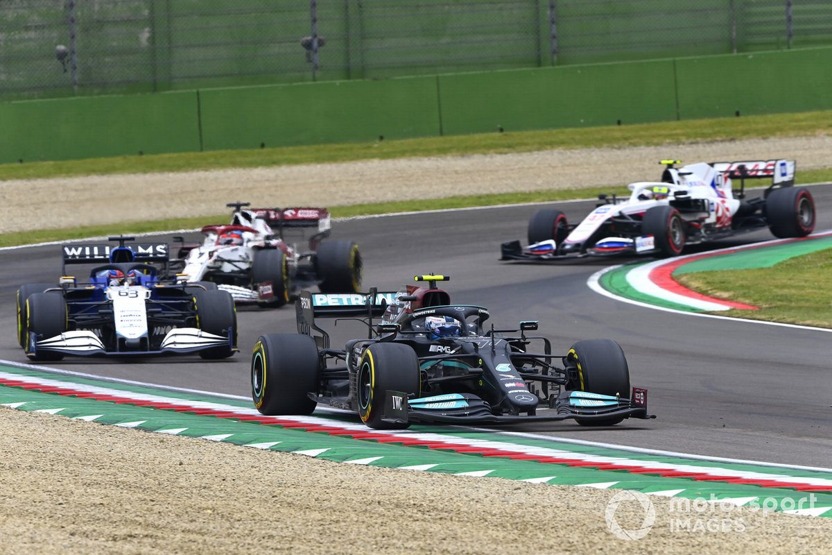 Valtteri Bottas, Mercedes W12, George Russell, Williams FW43B, Kimi Raikkonen, Alfa Romeo Racing C41 ,and Mick Schumacher, Haas VF-21