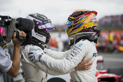 Second place Valtteri Bottas, Mercedes AMG F1, Race winner Lewis Hamilton, Mercedes AMG F1, congratu