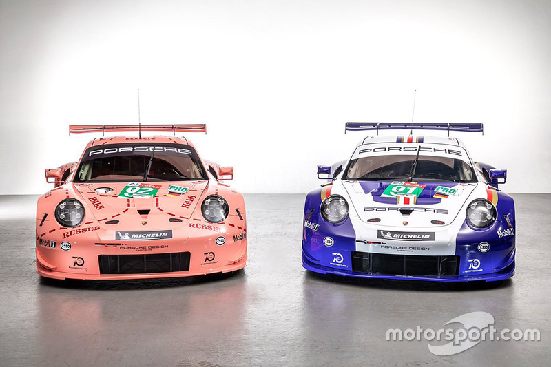 Машини #92 Porsche GT Team Porsche 911 RSR та #91 Porsche GT Team Porsche 911 RSR у спеціальній лівреї