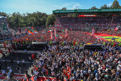 Sebastian Vettel, Ferrari and Lewis Hamilton, Mercedes AMG F1 celebrate on the podium, Ferrari Fans