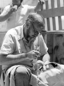 Don Nichols, dueño del equipo Shadow Team cose los nuevos logotipos en los monex de sus pilotos