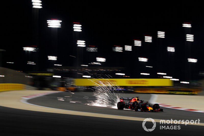Sparks fly from the car of Max Verstappen, Red Bull Racing RB15