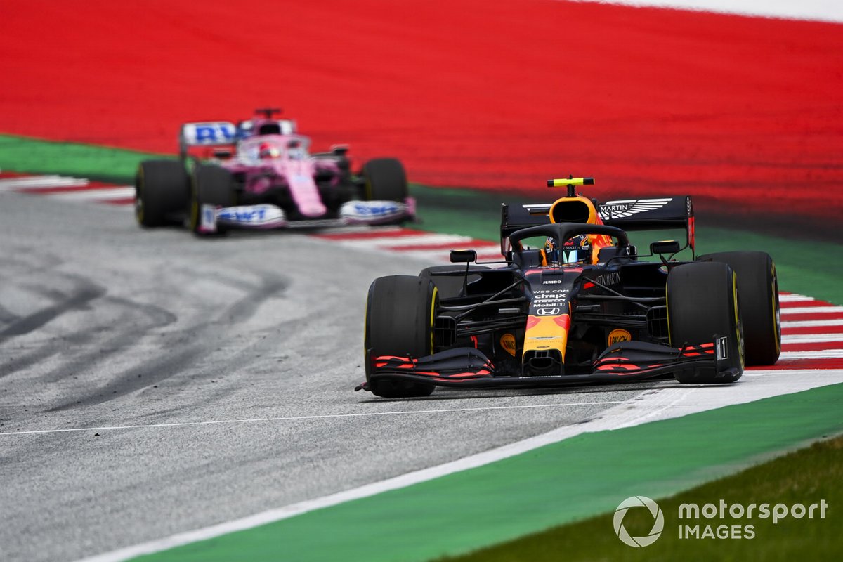 Alex Albon, Red Bull Racing RB16, leads Sergio Perez, Racing Point RP20