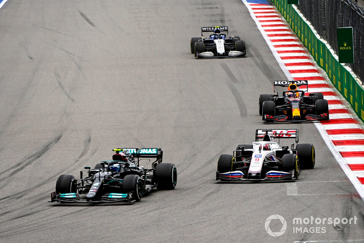 Valtteri Bottas, Mercedes W12, Nikita Mazepin, Haas VF-21, Max Verstappen, Red Bull Racing RB16B, and Nicholas Latifi, Williams FW43B