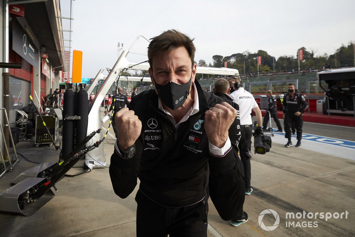Toto Wolff, Executive Director (Business), Mercedes AMG, celebrates in Parc Ferme