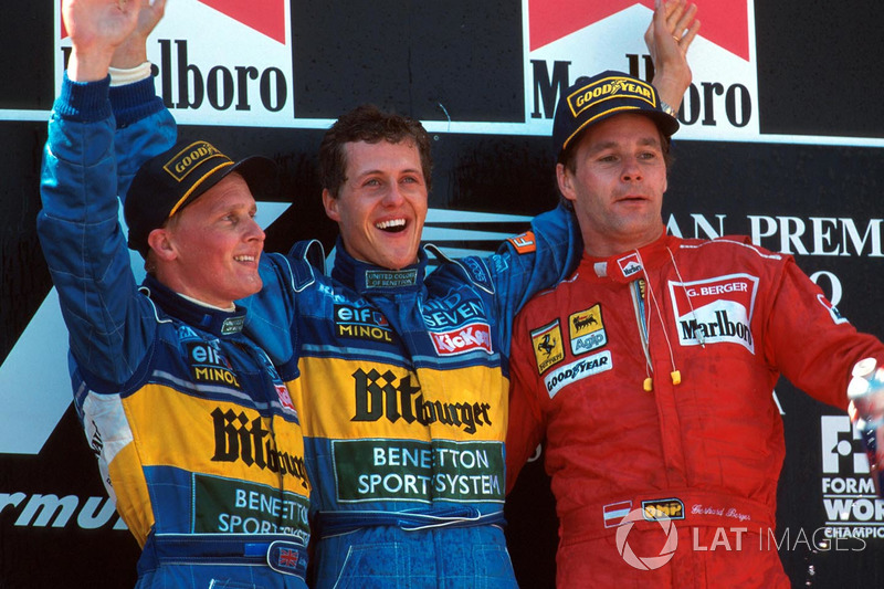 1995. 1. Michael Schumacher, Benetton 2. Johnny Herbert, Benetton 3. Gerhard Berger, Ferrari