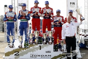Podium: rally winners Sébastien Ogier and Julien Ingrassia, second place Jari-Matti Latvala and Miikka Anttila, third place Sébastien Loeb and Daniel Elena