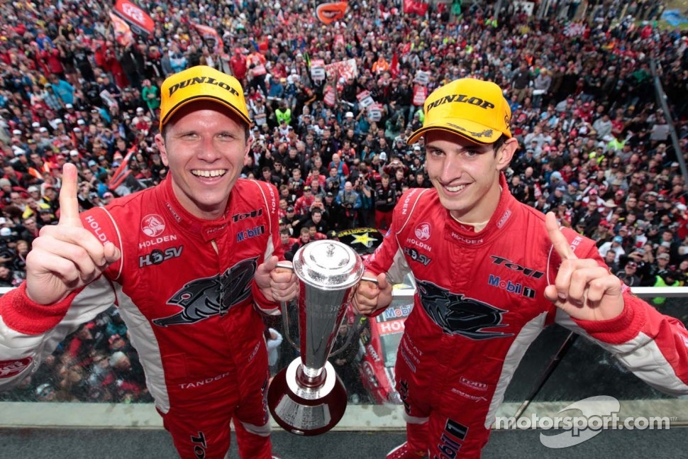 Race winners Garth Tander and Nick Percat celebrate