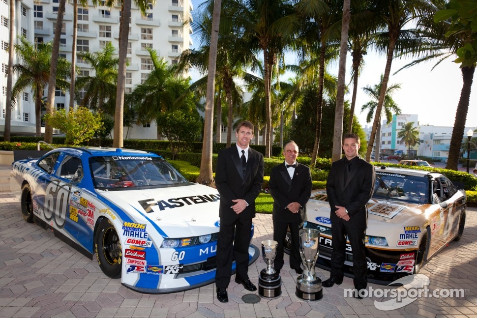 Carl Edwards, Roush-Fenway Ford, NASCAR Nationwide Series champion owner Jack Roush, and NASCAR Nationwide Series champion driver Ricky Stenhouse Jr., Roush-Fenway Ford