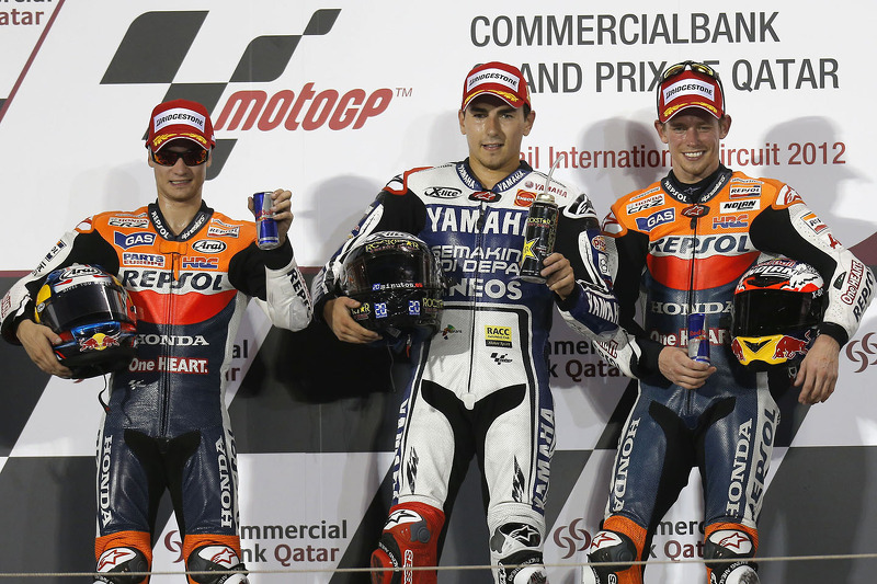 2012: 1. Jorge Lorenzo, 2. Dani Pedrosa, 3. Casey Stoner