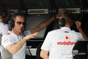 Sam Michael, McLaren Mercedes Sporting Director with Martin Whitmarsh, McLaren Mercedes Chief Executive Officer on the pit gantry