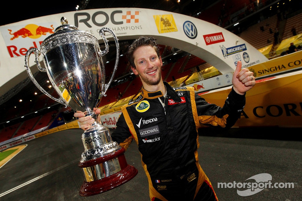 Winner Romain Grosjean celebrates