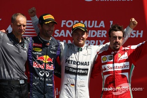 1st place Nico Rosberg, Mercedes AMG F1 W04 with 2nd place Mark Webber, Red Bull Racing and 3rd Fernando Alonso, Ferrari F138