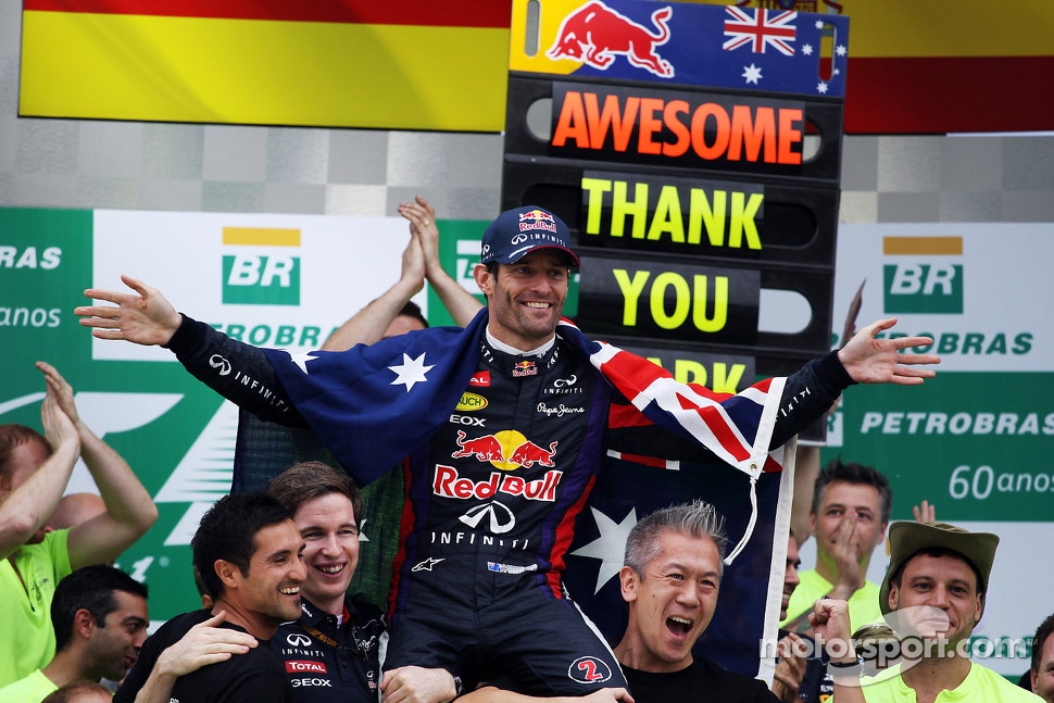 Mark Webber, Red Bull Racing celebrates his second position and final GP with the team