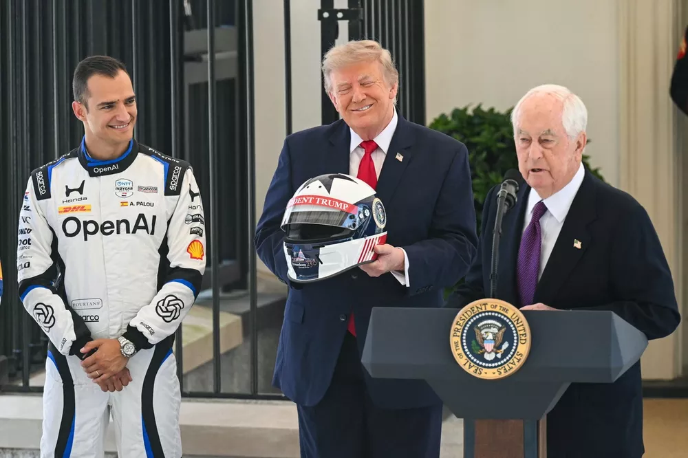 US President Donald Trump with Alex Palou and Roger Penske