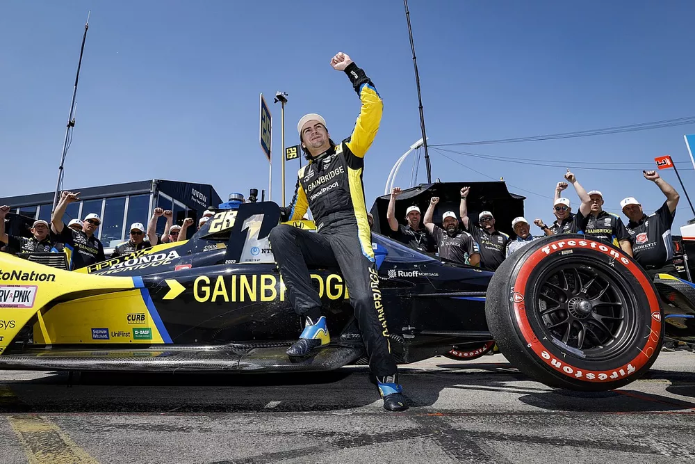 Pole sitter Colton Herta, Andretti Autosport w/ Curb-Agajanian Honda celebrates his pole win
