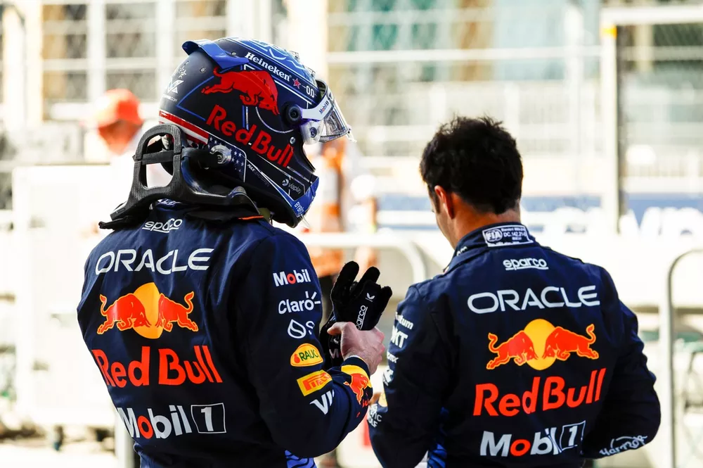 Sprint Pole man Max Verstappen, Red Bull Racing, and Sergio Perez, Red Bull Racing, in Parc Ferme after Sprint Qualifying
