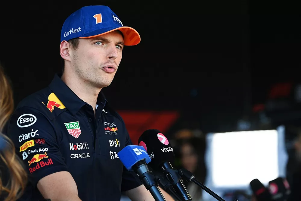 Max Verstappen, Red Bull Racing, speaks to the media