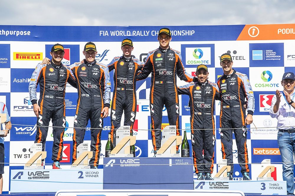 Podium: Winners Thierry Neuville, Martijn Wydaeghe, Hyundai World Rally Team Hyundai i20 N Rally1, second place Ott Tanak, Martin Jarveoja, Hyundai World Rally Team Hyundai i20 N Rally1, third place Dani Sordo, Candido Carrera, Hyundai World Rally Team Hyundai i20 N Rally1