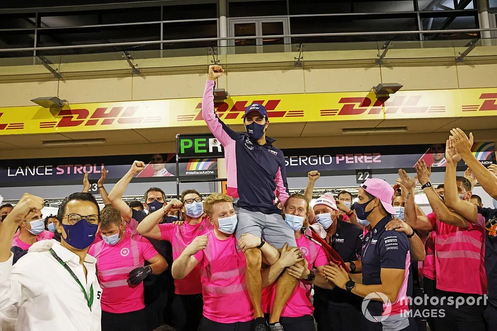 Sergio Perez, Racing Point, 1st position, celebrates with his team