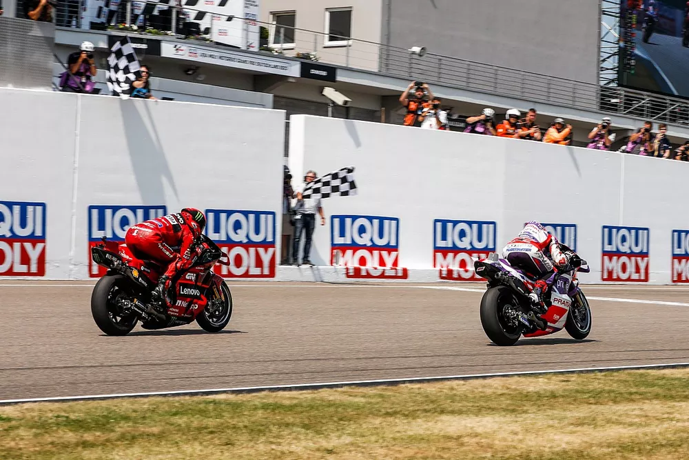 Checkered flag for Jorge Martin, Pramac Racing and Francesco Bagnaia, Ducati Team