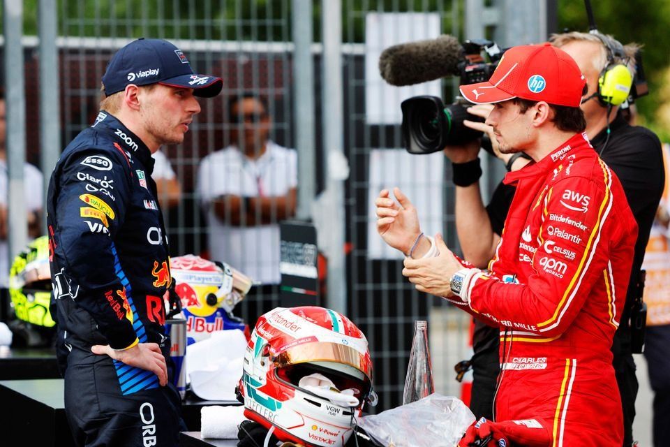 Max Verstappen, Red Bull Racing, 1st position, Charles Leclerc, Scuderia Ferrari, 3rd position, tak in Parc Ferme