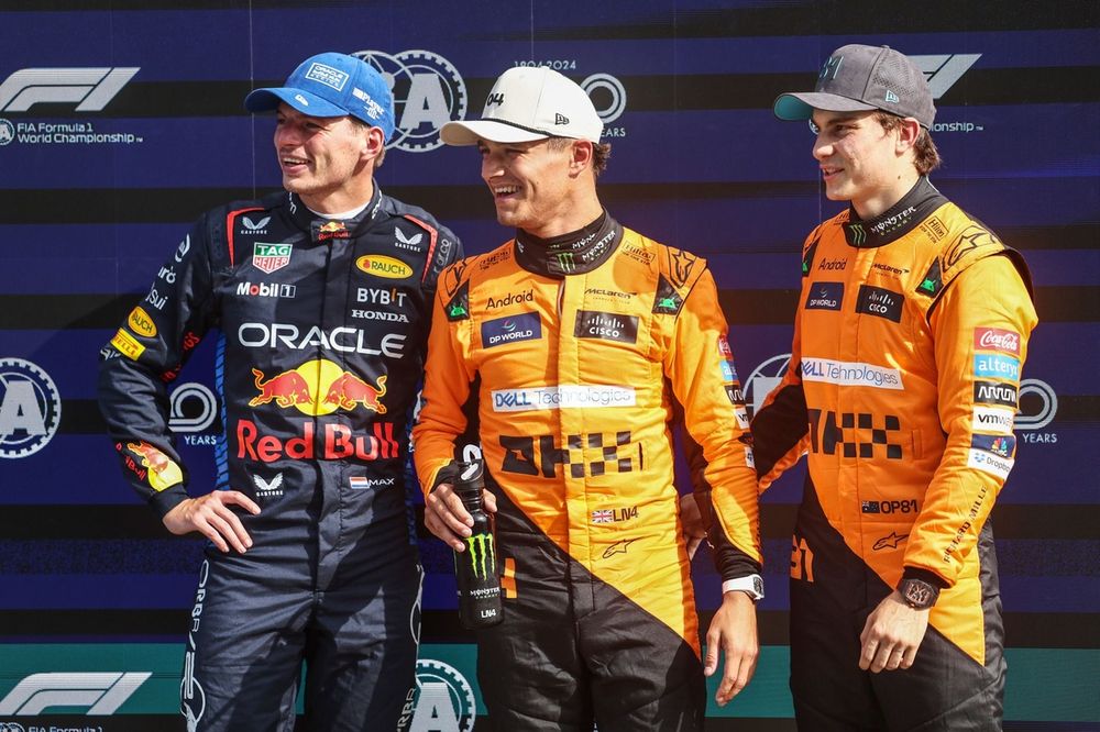 Top three Qualifiers Max Verstappen, Red Bull Racing, pole man Lando Norris, McLaren F1 Team, Oscar Piastri, McLaren F1 Team