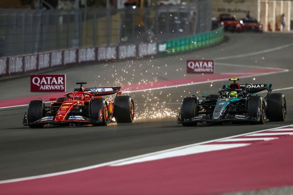 Charles Leclerc, Ferrari SF-24, Lewis Hamilton, Mercedes F1 W15, battle as sparks fly