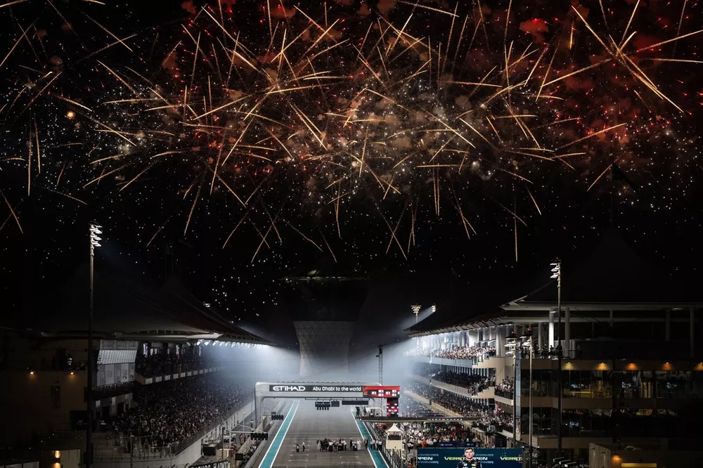 Fireworks light the sky at the end of the race