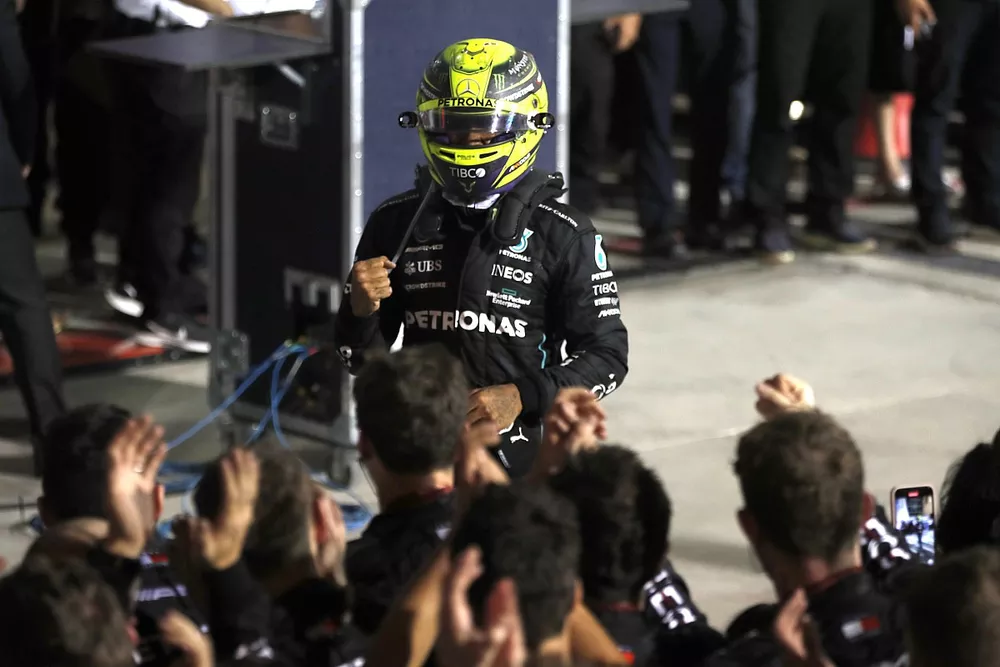 Lewis Hamilton, Mercedes-AMG, 3rd position, celebrates in Parc Ferme