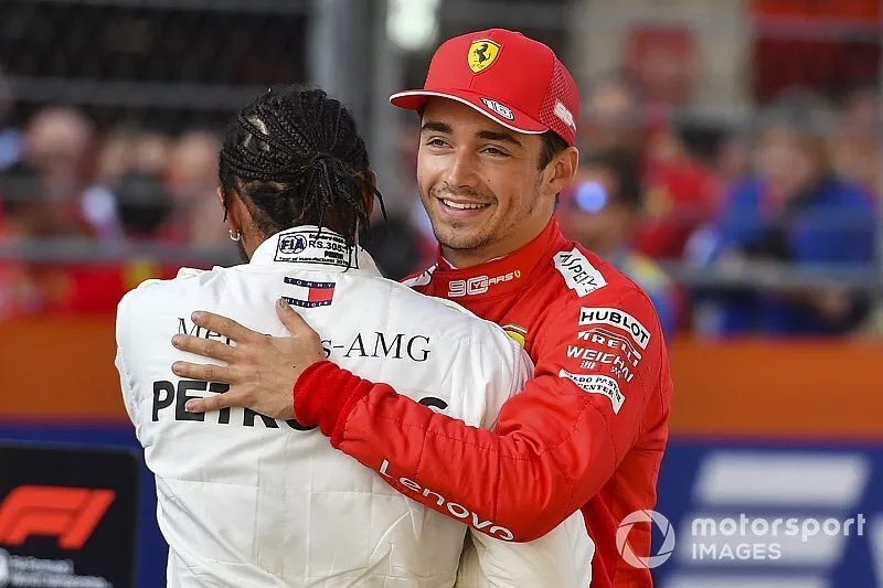 Polesitter Charles Leclerc, Ferrari, second place Lewis Hamilton, Mercedes AMG F1