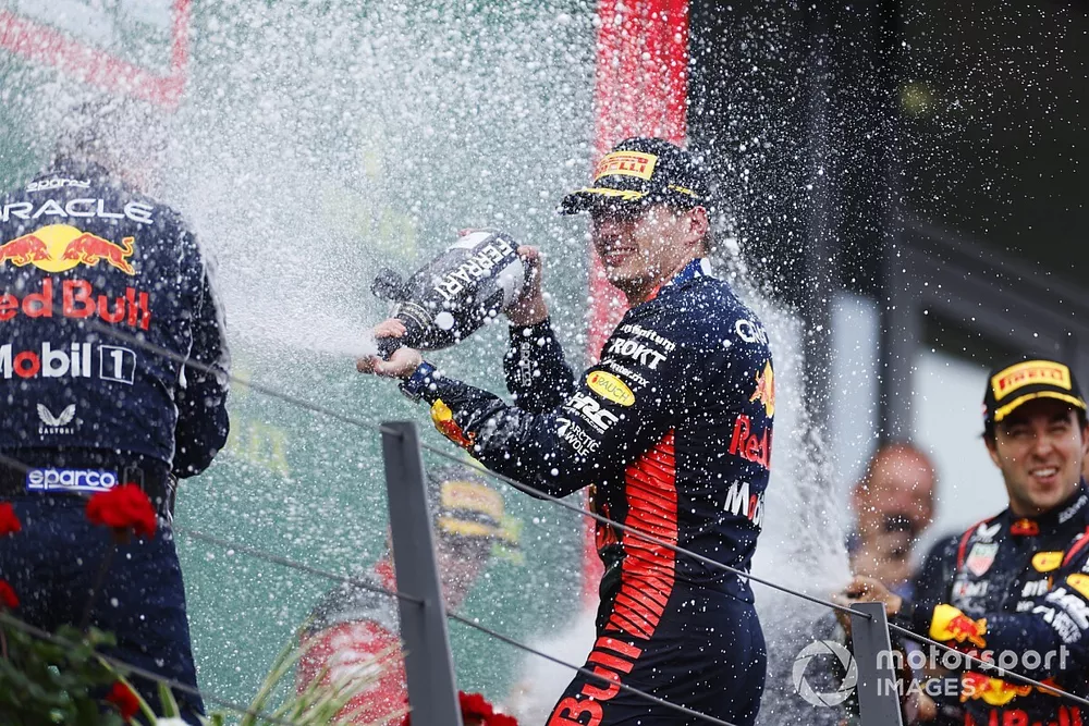Max Verstappen, Red Bull Racing, 1st position, sprays the victory Champagne on the podium