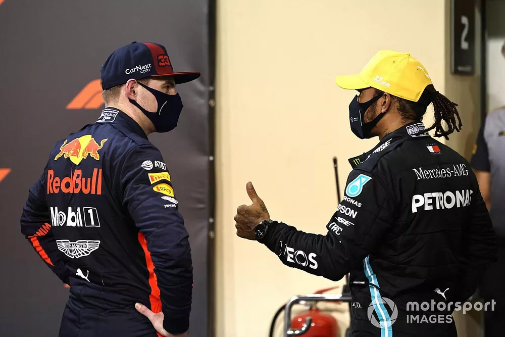 Max Verstappen, Red Bull Racing, and Lewis Hamilton, Mercedes-AMG F1, in Parc Ferme