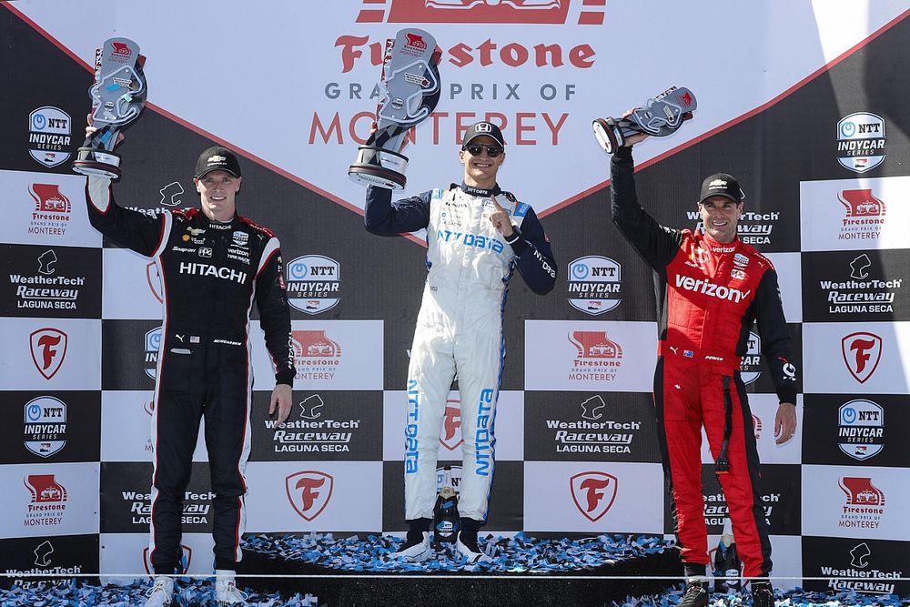 Alex Palou, Chip Ganassi Racing Honda, Josef Newgarden, Team Penske Chevrolet, Will Power, Team Penske Chevrolet celebrate in victory lane