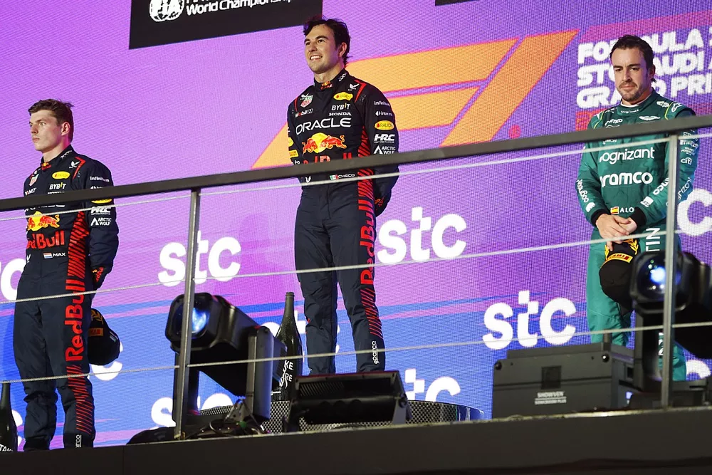 Max Verstappen, Red Bull Racing, 2nd position, Sergio Perez, Red Bull Racing, 1st position, Fernando Alonso, Aston Martin F1 Team, provisionally 3rd position