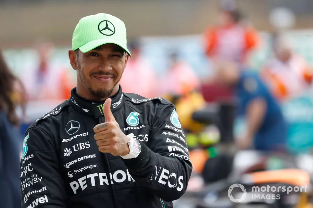 Lewis Hamilton, Mercedes-AMG, 3rd position, gives a thumbs up in Parc Ferme