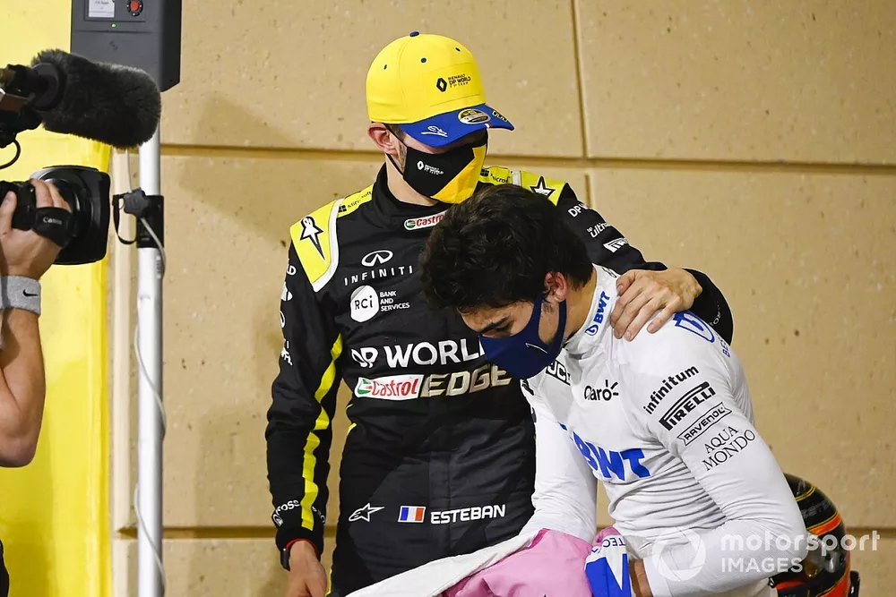 Esteban Ocon, Renault F1, 2&ordf; posici&oacute;n, con Lance Stroll, Racing Point, 3&ordf; posici&oacute;n, en Parc Ferme
