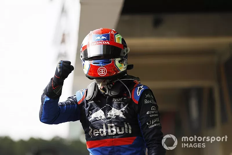 Pierre Gasly, Toro Rosso celebrates in Parc Ferme 