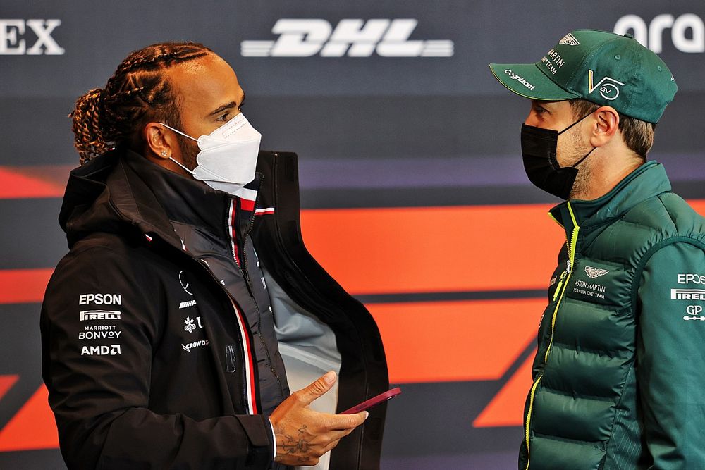 Lewis Hamilton, Mercedes and Sebastian Vettel, Aston Martin in the Press Conference