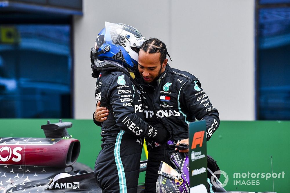 Race Winner Lewis Hamilton, Mercedes-AMG F1 celebrates his 7th World Championship title in Parc Ferme with Valtteri Bottas, Mercedes-AMG F1