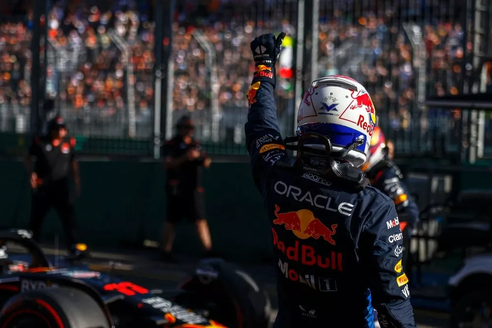 Pole man Max Verstappen, Red Bull Racing, celebrates in Parc Ferme