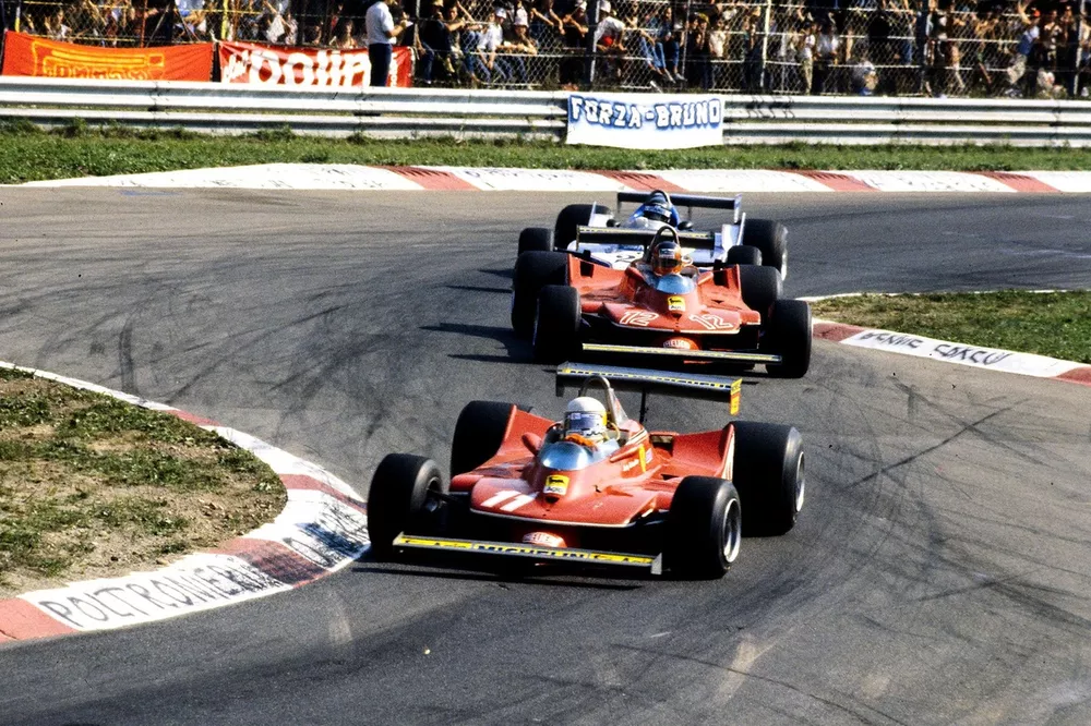 Jody Scheckter, Ferrari 312T4 leads Gilles Villeneuve, Ferrari 312T4B and Jacques Laffite, Ligier JS11 Ford 