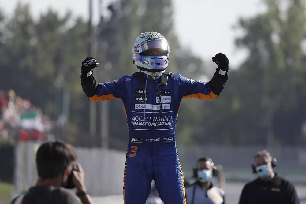 Daniel Ricciardo, McLaren, 1st position, celebrates on arrival in Parc Ferme