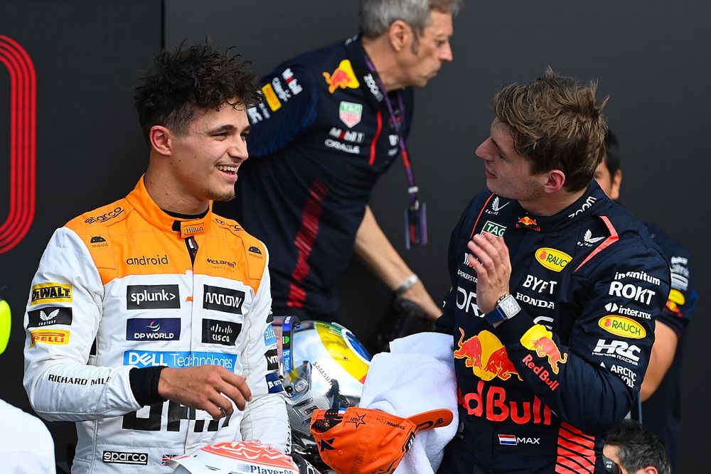 Pole man Max Verstappen, Red Bull Racing, Lando Norris, McLaren, talk in Parc Ferme after Qualifying