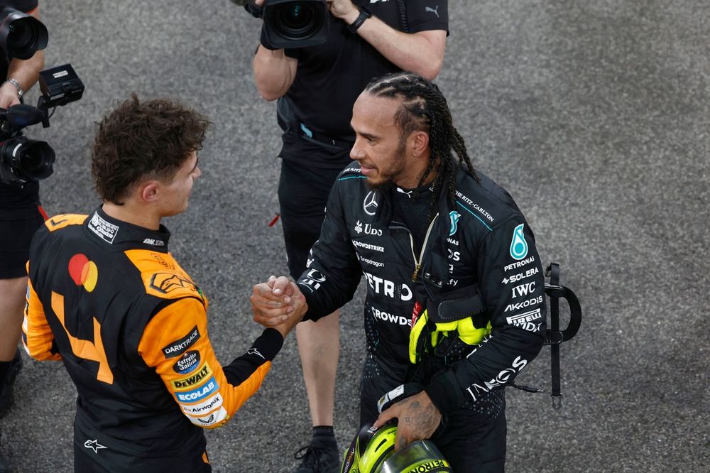 Lewis Hamilton, Mercedes-AMG F1 Team, congratulates Lando Norris, McLaren MCL38, 1st position, after the race