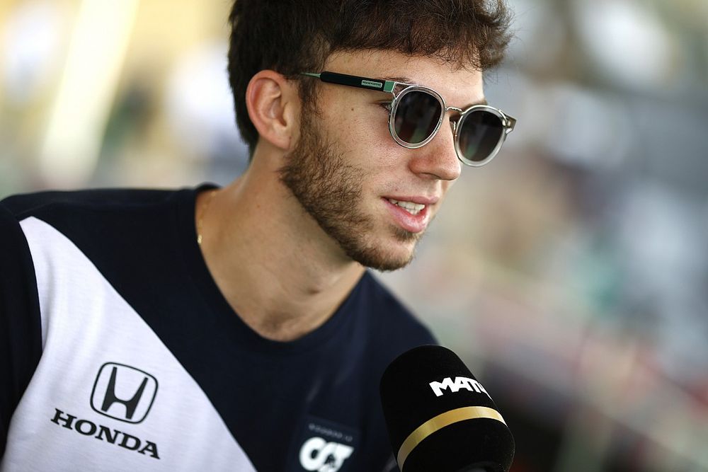 Pierre Gasly, AlphaTauri speaks to the media