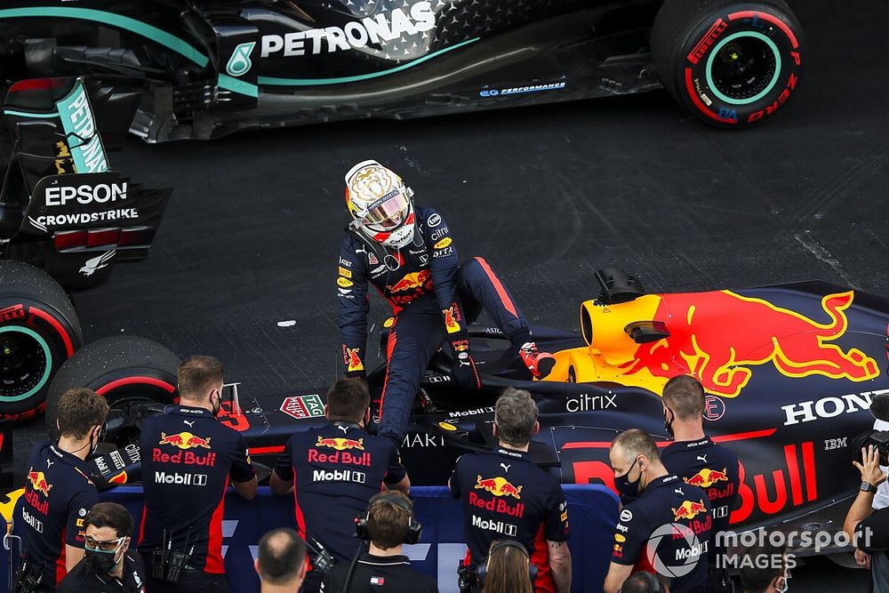 Max Verstappen, Red Bull Racing, celebrates in Parc Ferme after securing second place on the grid