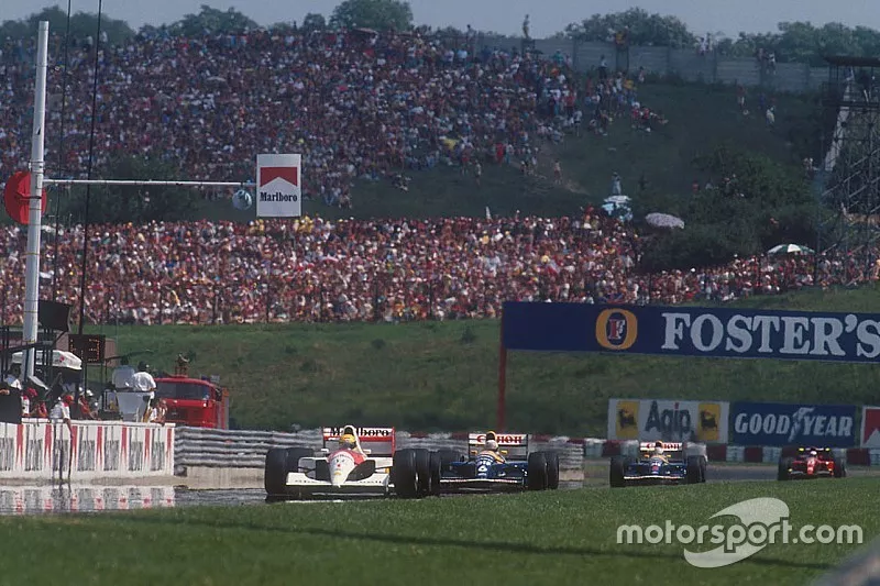 Ayrton Senna, McLaren MP4/6 Honda devant Nigel Mansell, Williams FW14 Renault, Riccardo Patrese, Williams FW14 Renault et Alain Prost, Ferrari 643