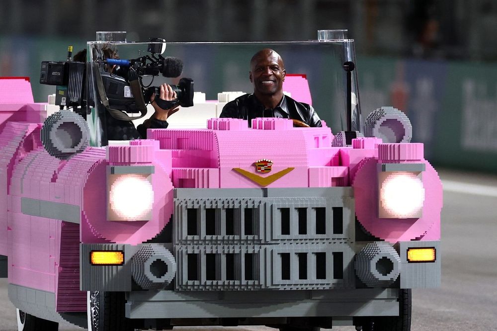Terry Crews drives a Lego pink Cadillac